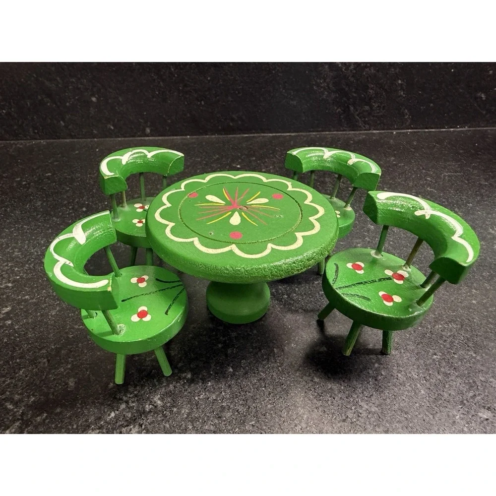 Vintage Miniature Wooden Dollhouse Furniture Set Table & 4 Chairs Folk Art - Picture 1 of 6